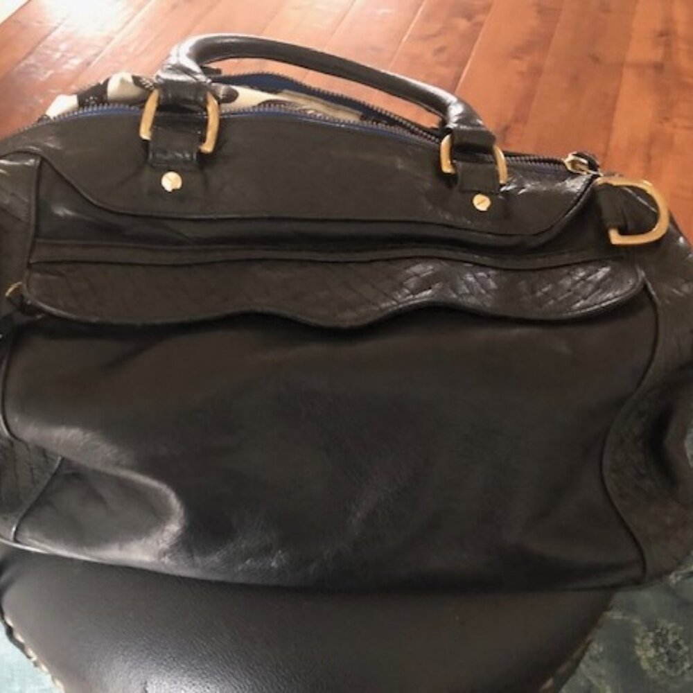 Rebecca MInkoff Morning After Bag - large black stonewash leather basketweave